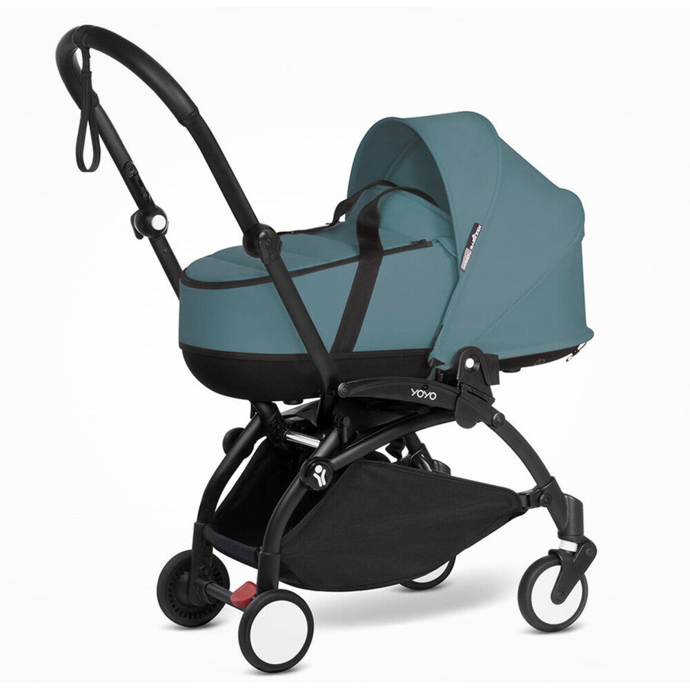 Babyzen Yoyo buggy with a black frame and aqua bassinet colour pack