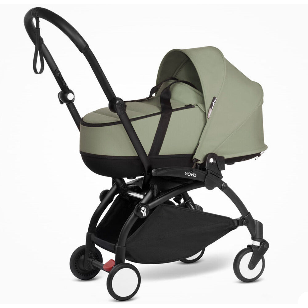 Babyzen Yoyo buggy with a black frame and olive bassinet colour pack