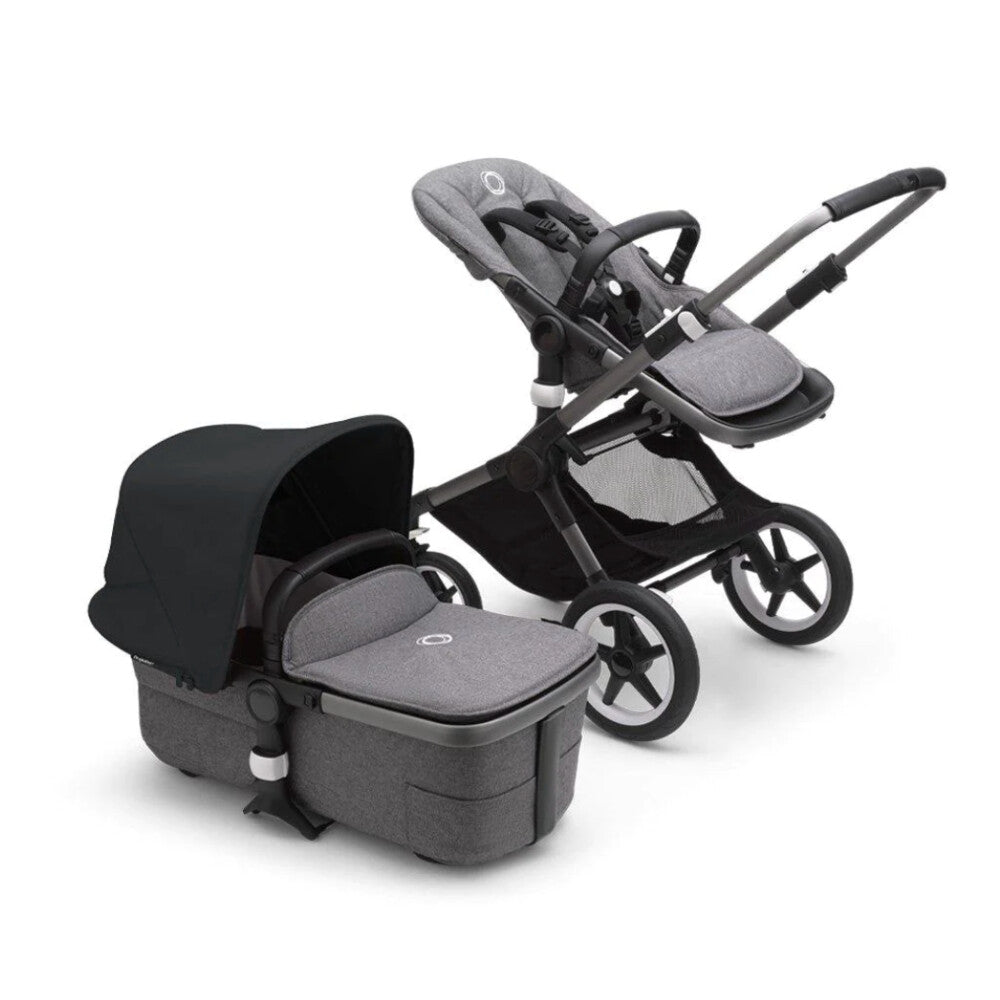 Bugaboo Fox buggy and bassinet both in view in grey melange
