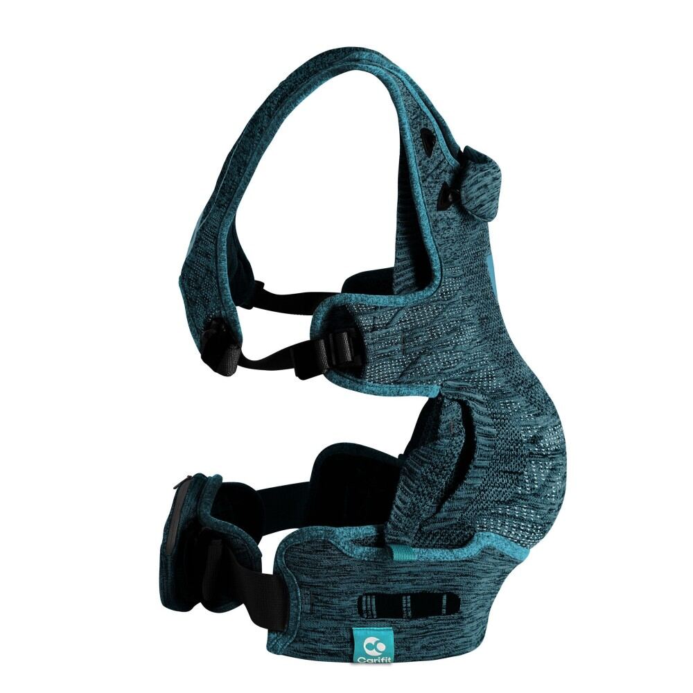 The Cool Green Carifit Multi-Position Baby Carrier, expertly crafted to securely hold a baby in various comfortable positions.