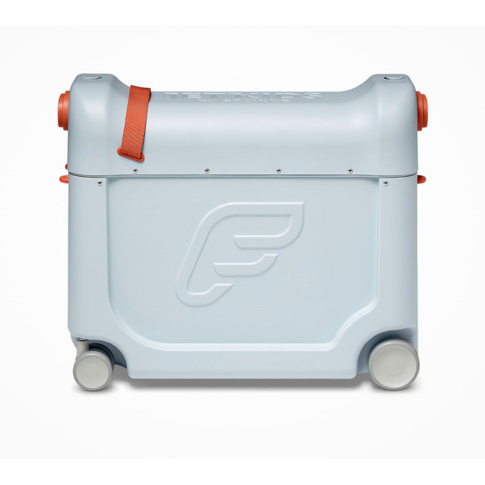 Stokke Jet Kids Bed Box in light blue with orange strap