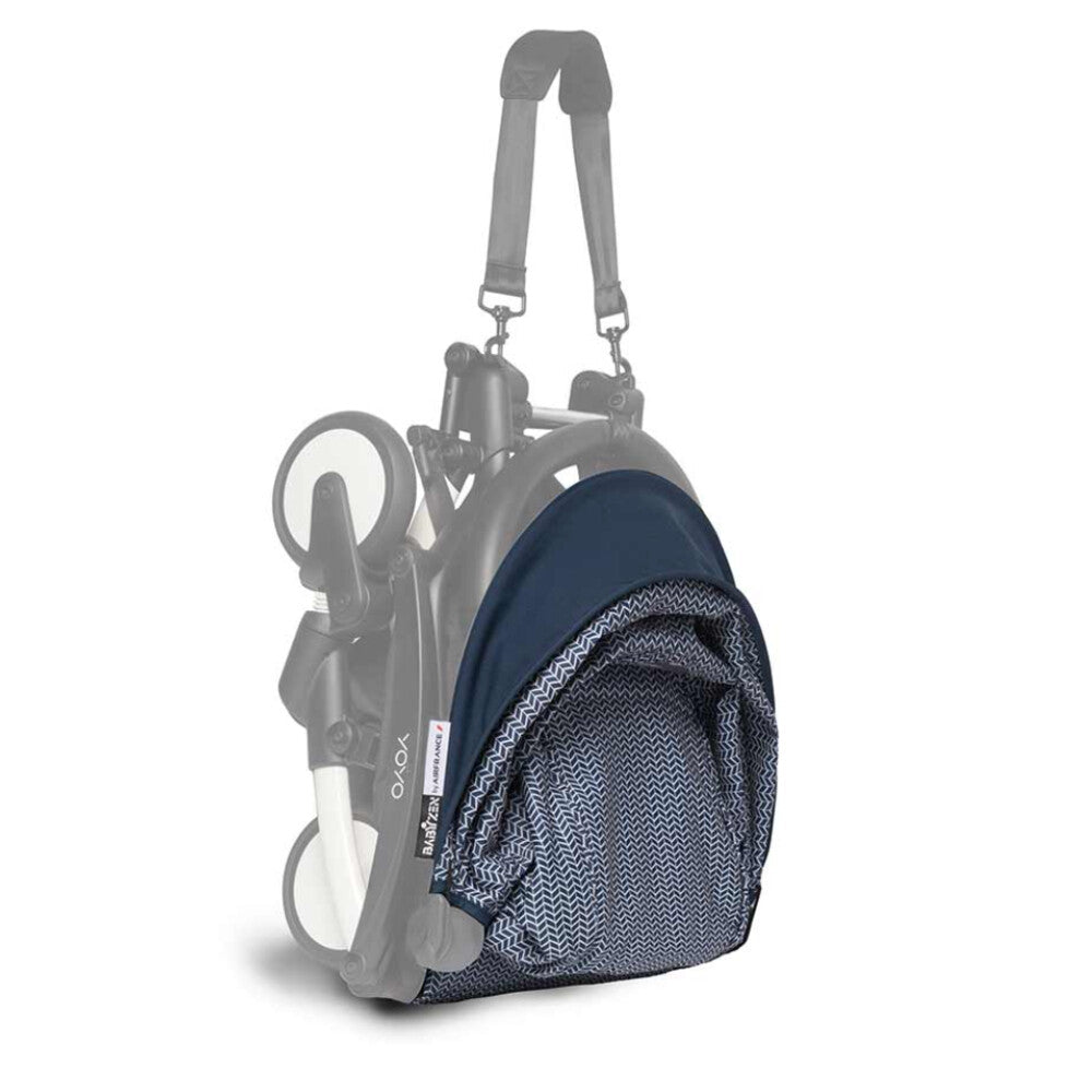 Babyzen YOYO pack in Air France blue colour-way shown with the buggy folded 