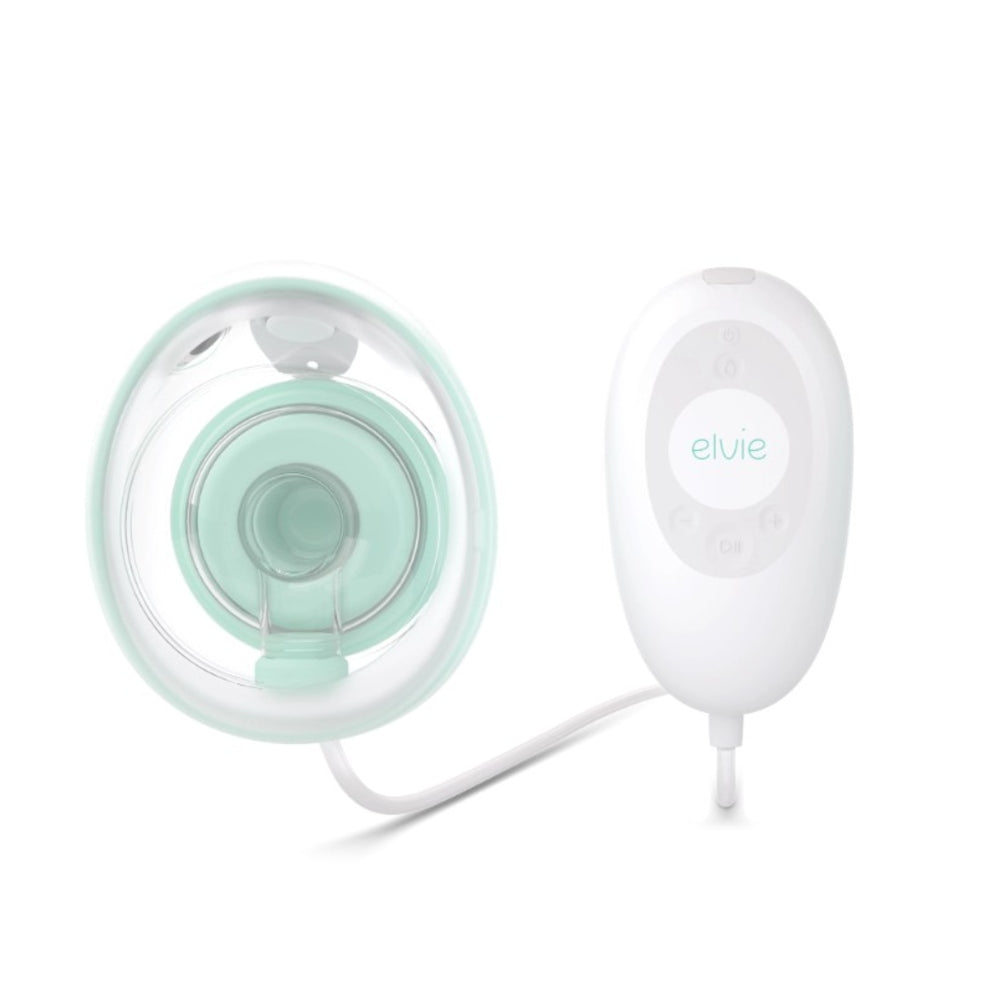 A white and green Elvie Stride Single Breast Pump, designed for efficient and discreet breast milk expression.