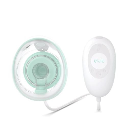 A white and green Elvie Stride Single Breast Pump, designed for efficient and discreet breast milk expression.