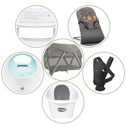 Gentle Beginnings Doula Bundle with SnüzPod Bedside Crib, Spectra Breast pump, Shnuggle Baby Bath, Baby Bjorn Bouncer, Baby Bjorn Carrier Mini and Nuna Sena Aire