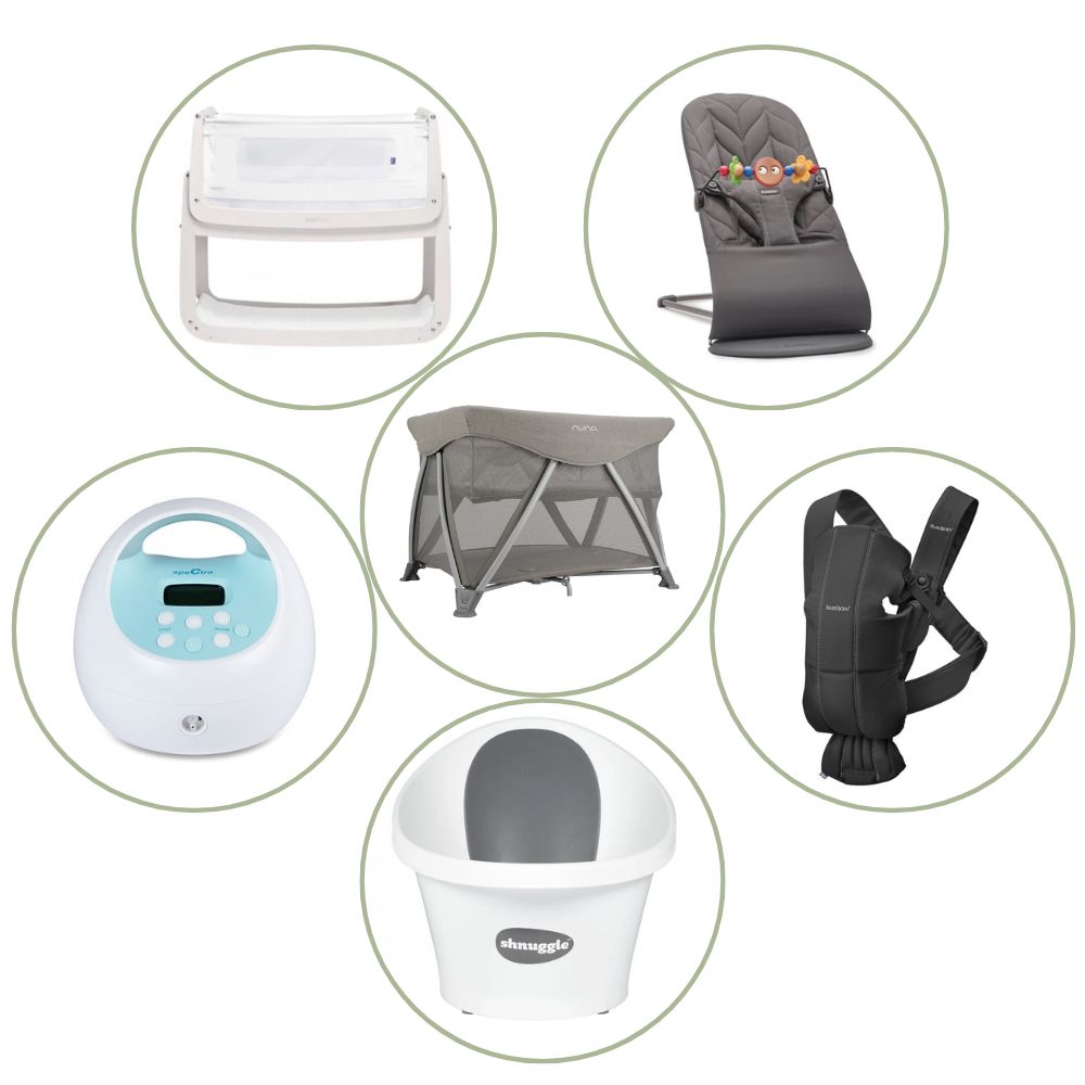 Gentle Beginnings Doula Bundle with SnüzPod Bedside Crib, Spectra Breast pump, Shnuggle Baby Bath, Baby Bjorn Bouncer, Baby Bjorn Carrier Mini and Nuna Sena Aire