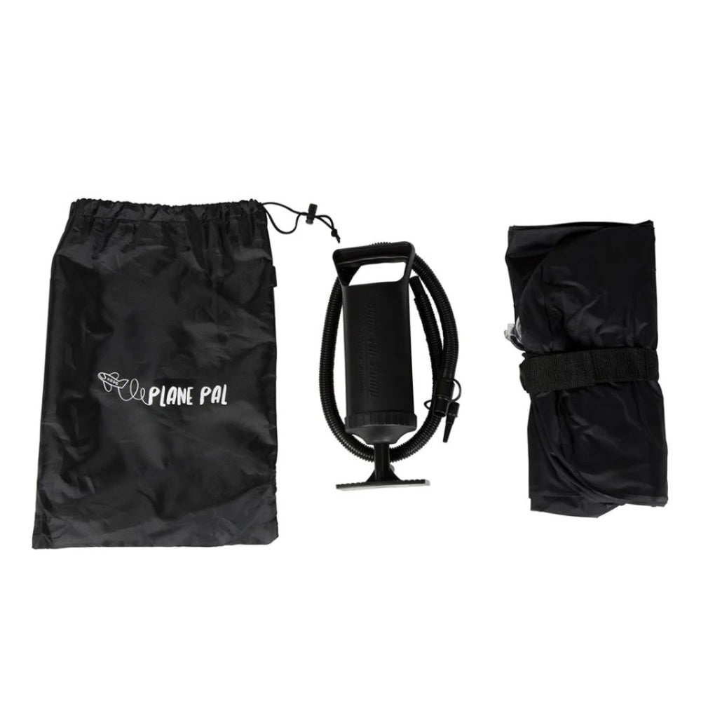 The Plane Pal Full Kit, including a black drawstring storage bag, a black hand pump with a flexible hose, and a neatly folded inflatable travel cushion secured with a black strap.