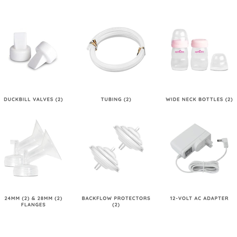 Spectra S1 Hospital Grade Breast Pump accessories including duckbill valves, tubing, wide neck bottles, breast shied, backflow protectors and an adapter.