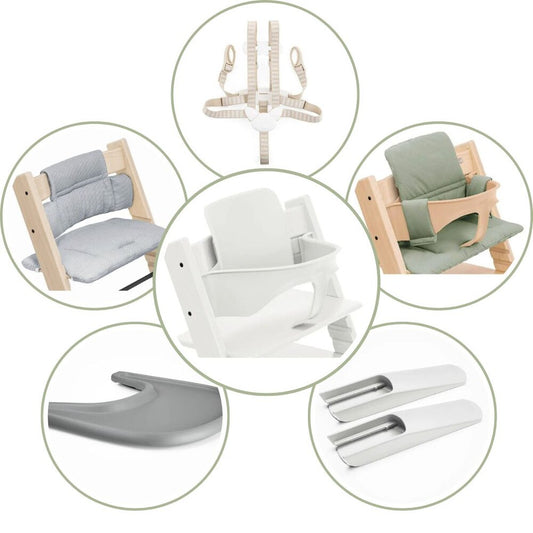 Stokke Tripp Trapp Baby Set Bundle is consists of Backrest and Rail (the baby set), Harness, Tray, Cushion and Gliders.